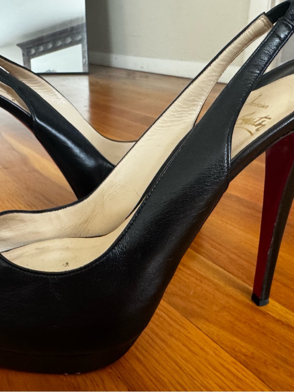 Christian Louboutin Peep Toe PlatformBlack Leather Slingback Pumps~ Red Heel